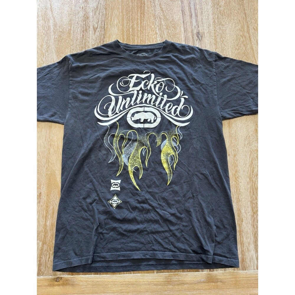 Ecko Unltd Shirt Mens Large Black Graphic Tee Cyber Y2K Flame Rhino Double Sided